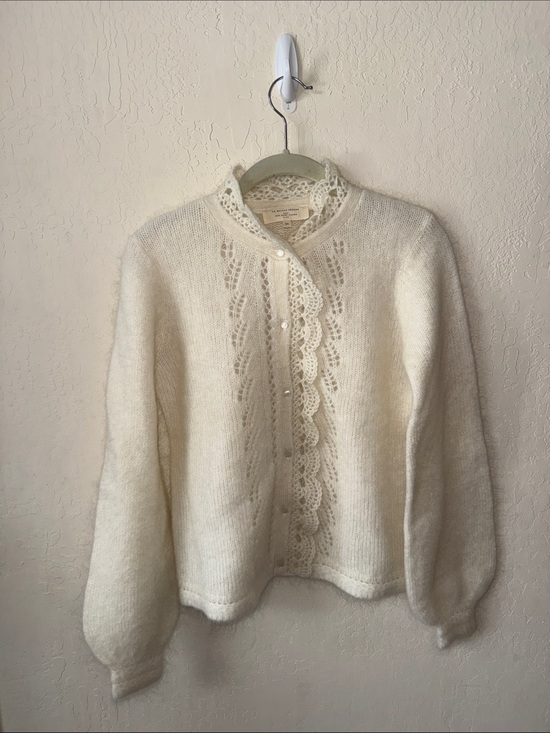 Sezane Sweaters - Sezane Cream Lace-Trim Mohair Blend Cardigan